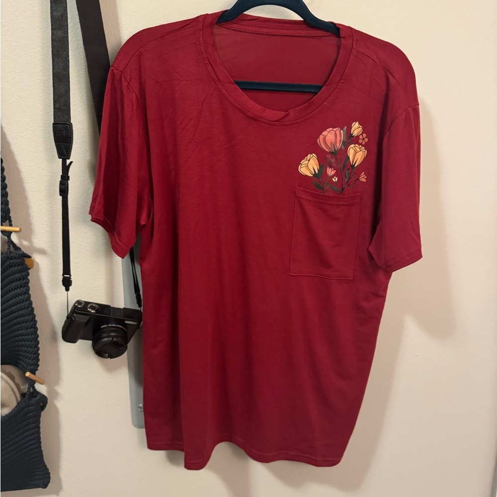 Red T-Shirt with Floral Pocket Design